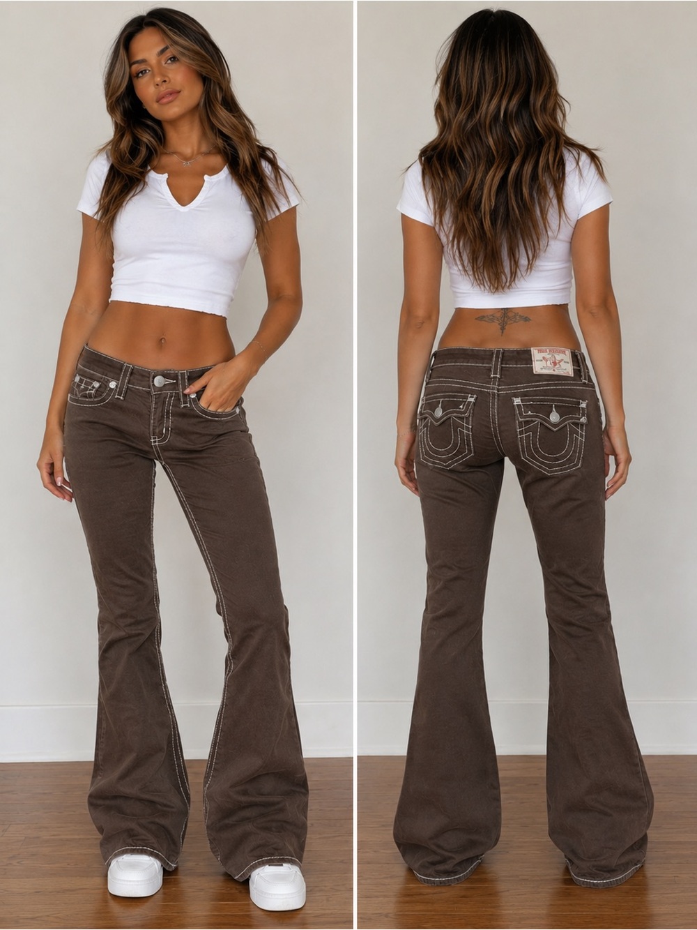 True Religion Women's Brown White Stitch Low Rise y2k Flare Cotton Pants Sz 27